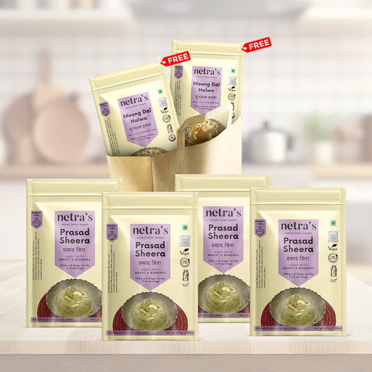 Instant Prasad Sheera Combo (Pack of 4) + FREE Moong Dal Halwa(Pack of 2)