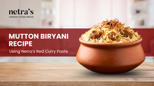 Hot mutton biryani layered with rice and fried onions