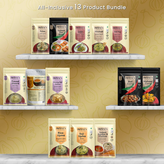 All Inclusive Bundle: 3 x Breakfasts, 5 x Meals, 2 x Curry Pastes, 3 x Sweets (13 bags, 2550g, 50 servings)