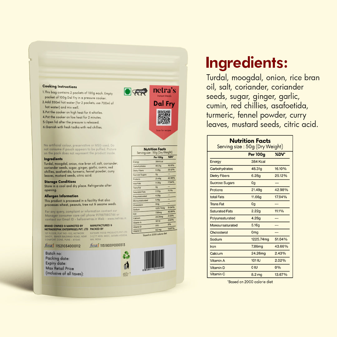 Instant Dal Fry (2 bags, 400g / 8 servings) | Gluten-free | Preservative-free