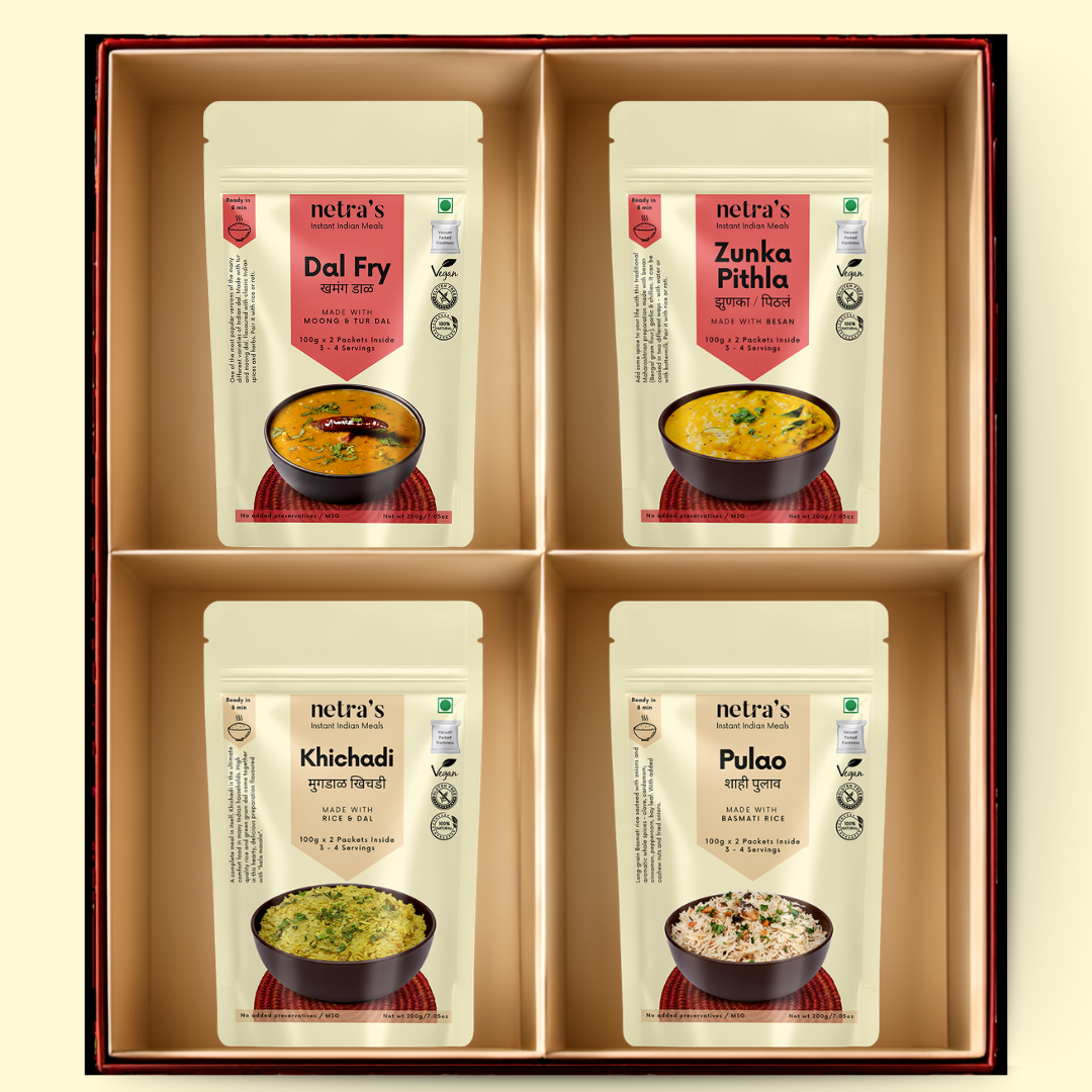 Instant Meals | Dal, Pulao, Khichadi, Zunka Pithla (4 bags, 800g / 16 servings)
