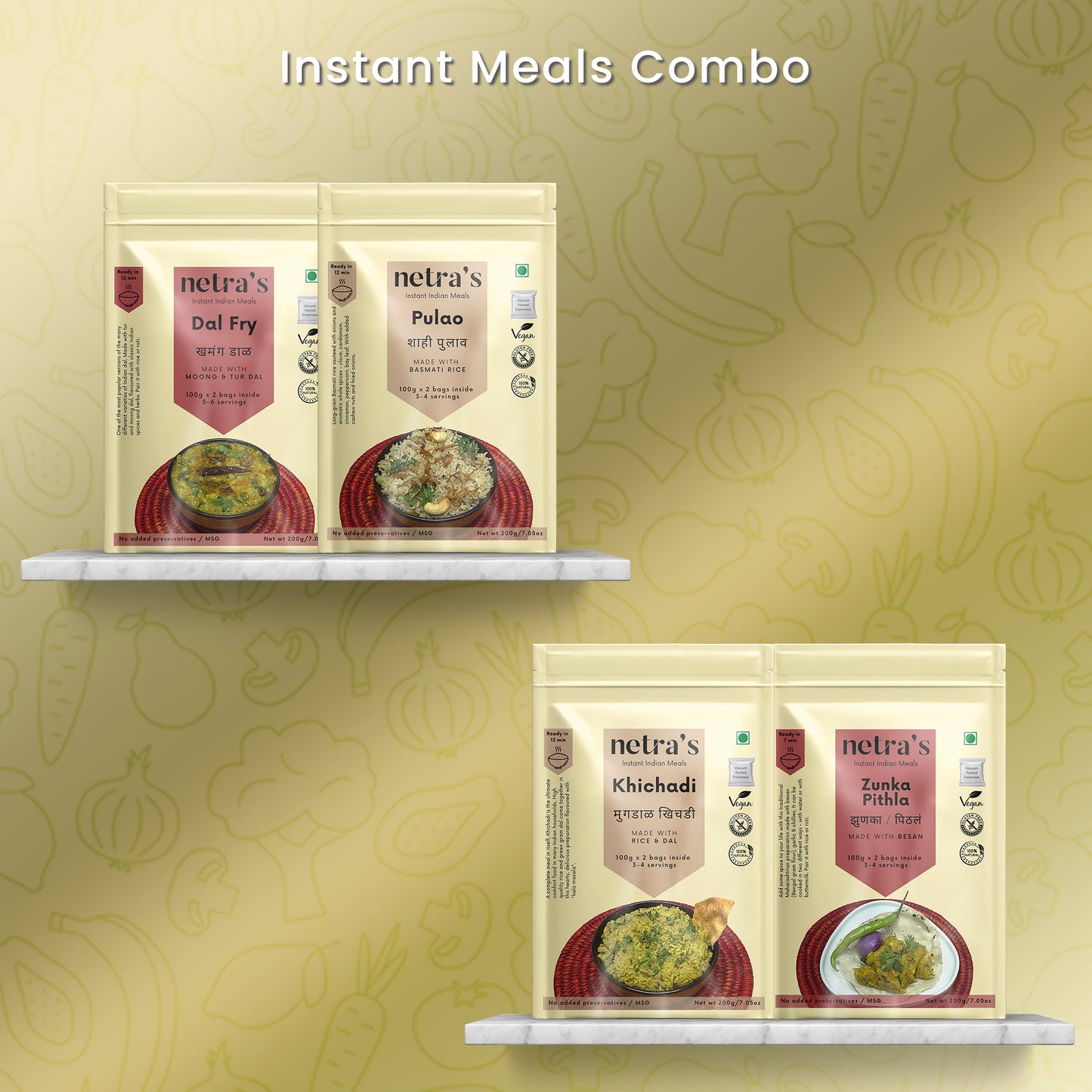 Instant Meals | Dal, Pulao, Khichadi, Zunka Pithla (4 bags, 800g / 16 servings)