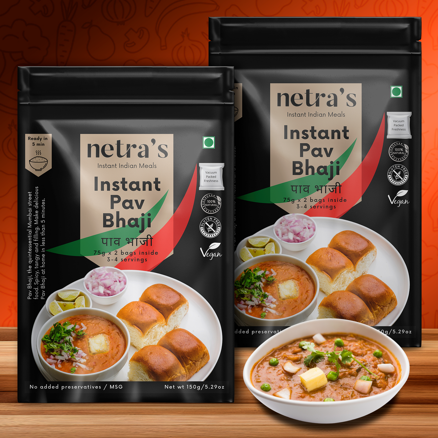 Instant Pav Bhaji (2 bags, 300g, 8 servings) | 100% Natural | Preservative-free