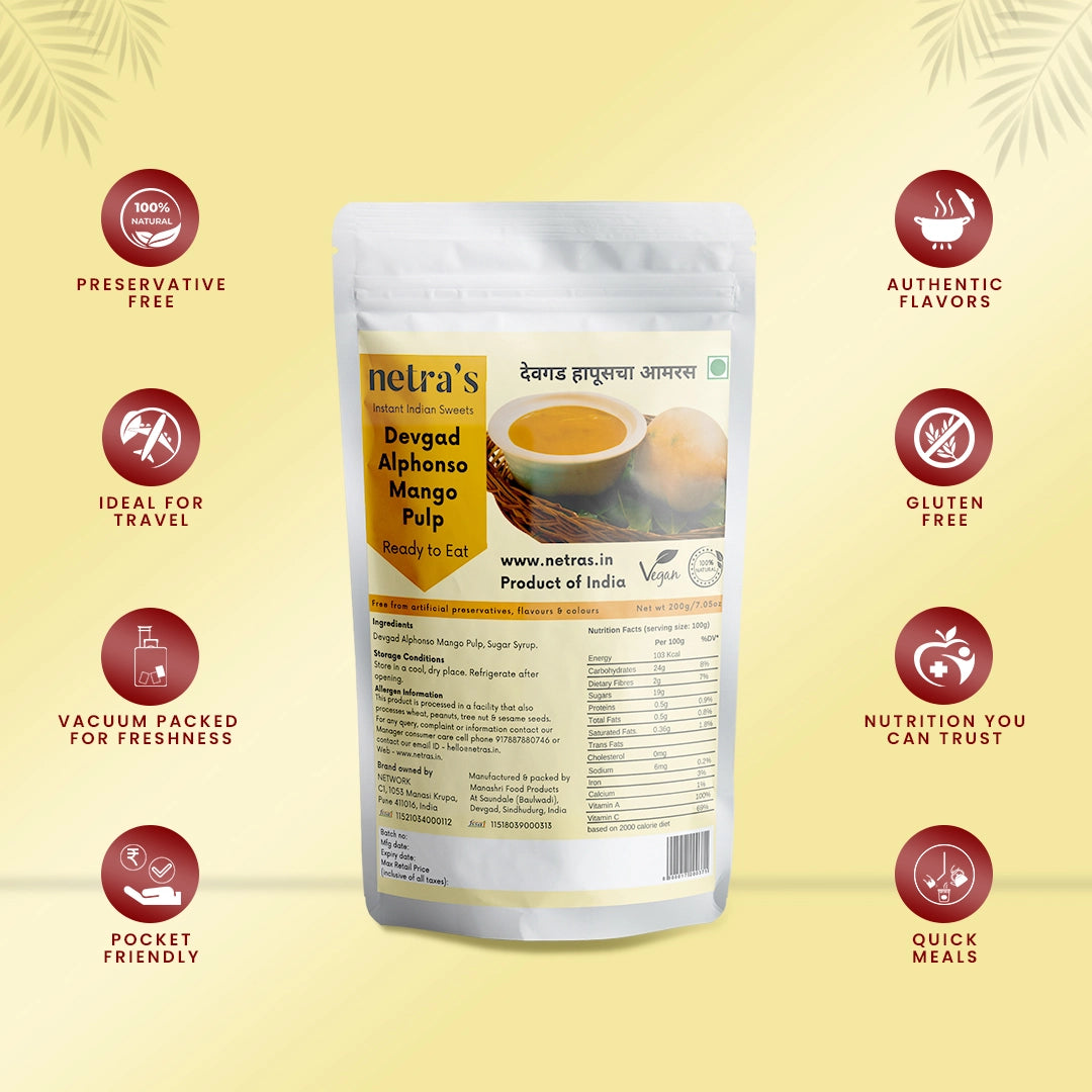 Devgad Alphonso Mango Pulp Aamras (2 bags, 400g) | Gluten-free | Artificial preservative free