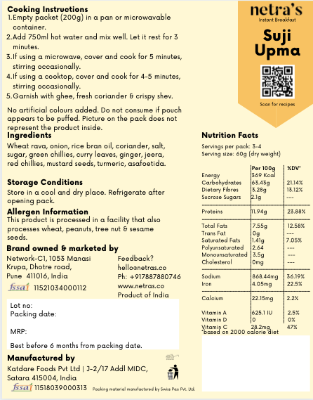 Instant Suji Wheat Upma (2 bags, 400g, 8 servings) | 100% Natural | Preservative-free